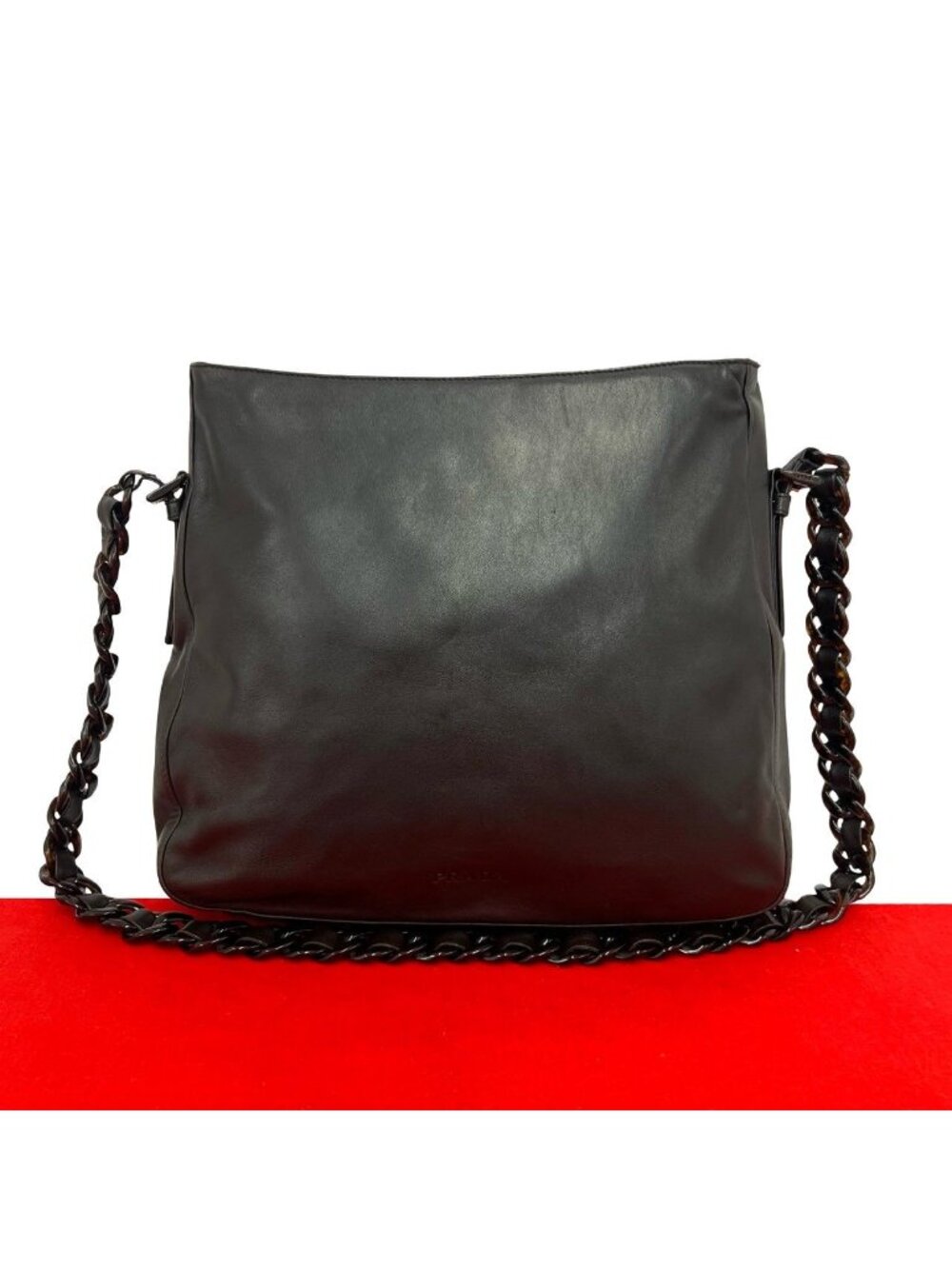 Prada Logo Leather Chain Shoulder Bag Crossbody Pochette Cross Brown